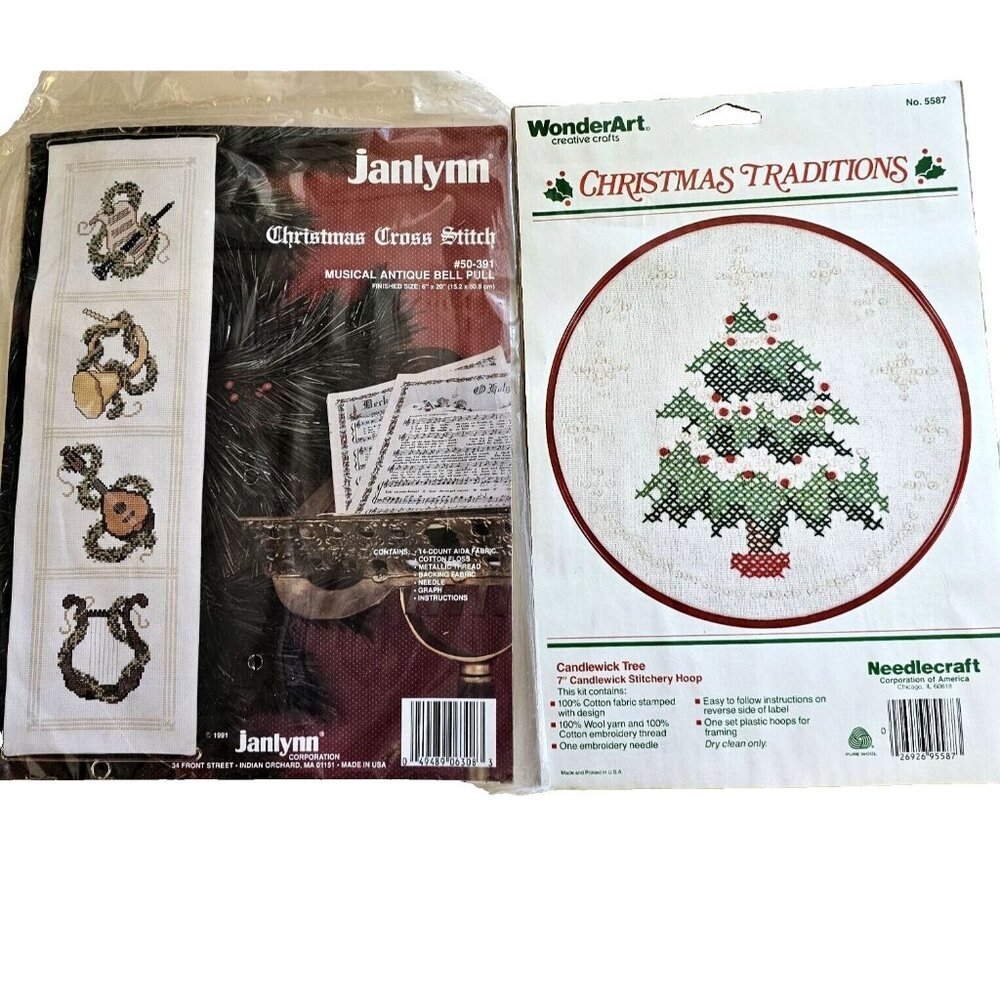 Janlynn Christmas Cross Stitch Musical Bell '91 Wonderart Candlewick Tree 2pk